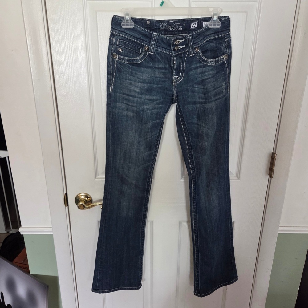 Miss Me 27 Bootcut Flare Jeans Dark Wash Rhinestone Cross Embellished Navy Denim